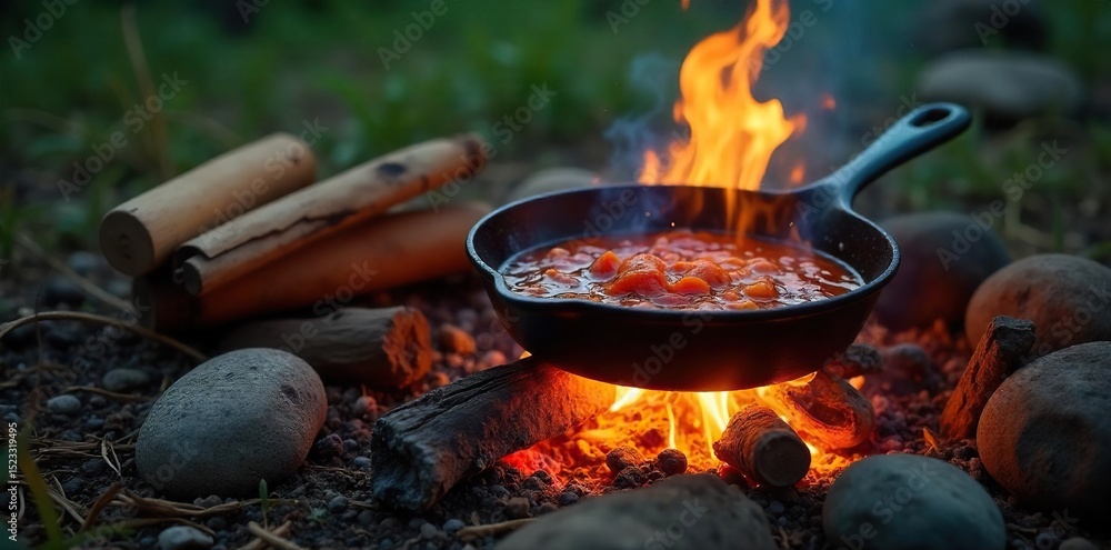 A crackling campfire with a cast iron skillet sizzling on the embers, surrounded by cooking utensils and rustic camping gear Perfect for outdoorsy, camping, and cooking themes , breakfast, survival A crackling campfire with a cast iron skillet sizzling on the embers, surrounded by cooking utensils and rustic camping gear Perfect for outdoorsy, camping, and cooking themes , breakfast, survival