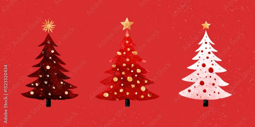 Three decorated Christmas trees with gold stars on top set against a solid red background. Three decorated Christmas trees with gold stars on top set against a solid red background.