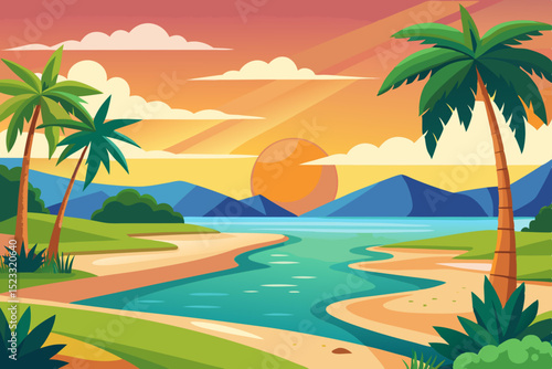 Tropical Sunset Beach Scene vibrant illustration tropical beach sunset Palm trees line the shoreline with calm turquoise river flowing into the ocean Mountains rise the