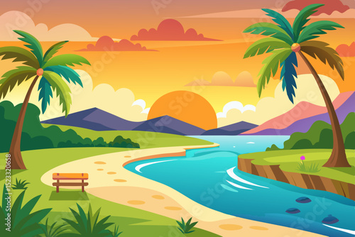 Sunset Landscape with Palm Trees and River vibrant illustration serene landscape sunset river flows through grassy area next mountains palm trees park bench near the