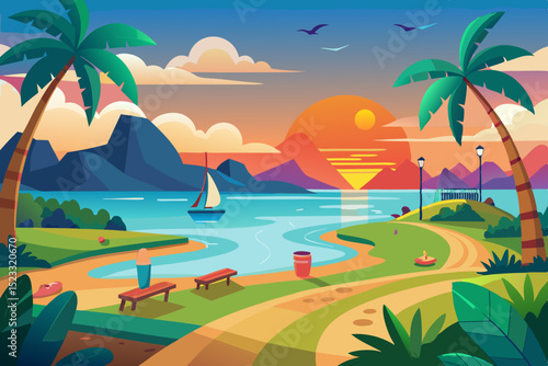 Tropical Sunset Beach Scene vibrant illustration tropical beach sunset sailboat floats calm ocean with mountains the background and palm trees lining the shore park like area