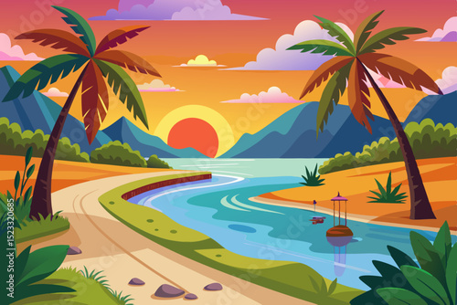 Tropical Sunset River Landscape Illustration vibrant illustration tropical river scene sunset Palm trees line the sandy banks with mountains the background calm river flows through
