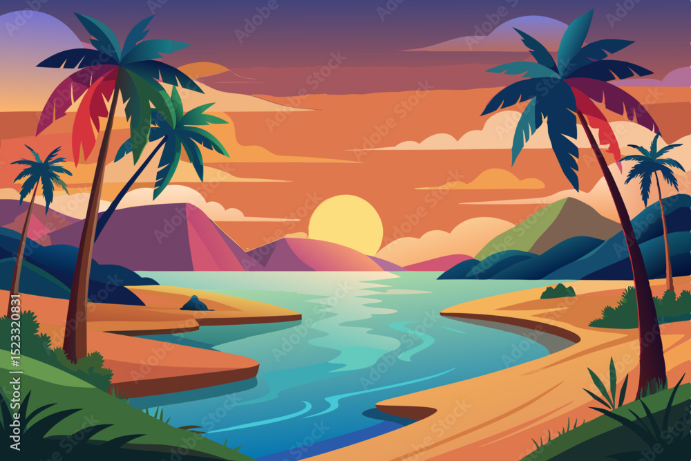 Obraz premium Sunset Beach Scene with Palm Trees Vibrant illustration tropical beach sunset trees line the shore calm body water and colorful mountains the background sunset beach