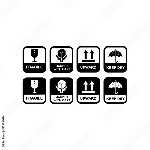 Fragile package icons set, handle with care logistics and delivery shipping labels. Fragile box, keep dry umbrella