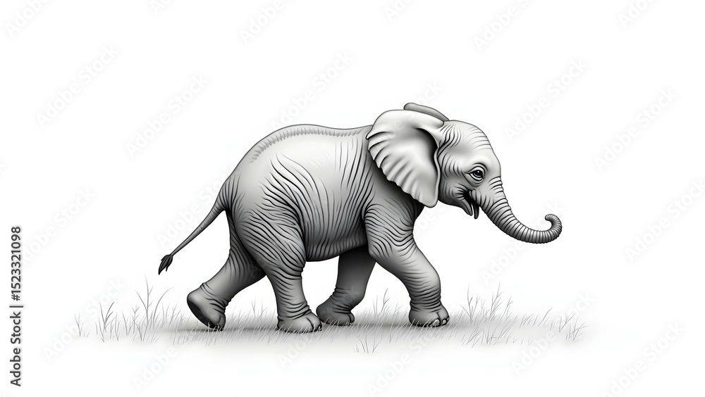 Fototapeta premium Soft Pencil Drawing of a Baby Elephant Walking Forward