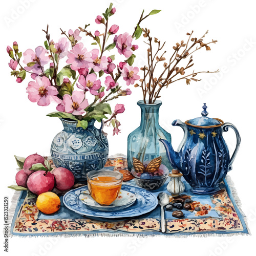 Spring Haft-Seen Table Spread, watercolor vector, high quality, isolated on a white background.