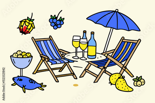 Beachside Wine and Fruit Picnic Colorful illustration beachside picnic with striped lounge chairs table wine fruit umbrella fish bowl fruit are also included beach picnic