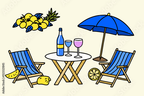 Beachside Relaxation with Drinks and Fruits colorful illustration beachside table chairs umbrella wine fruit Perfect for summer vacation beach summer vacation relaxation drinks wine fruit