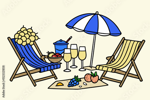 Beachside Relaxation with Drinks and Fruits cartoon illustration beach chairs beach umbrella picnic fruit drinks glasses champagne The scene depicts relaxing beachside setting beach beach