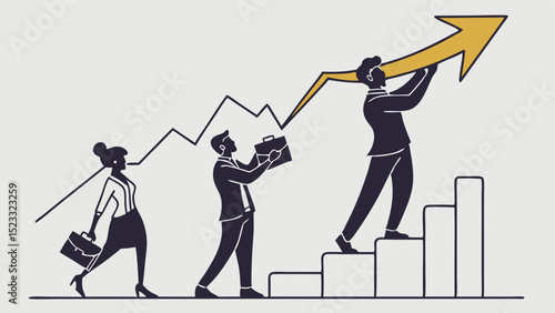 Business Team Climbing Stairs with Rising Arrow Chart Illustration