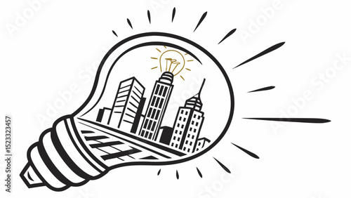 Cityscape Inside a Lightbulb Idea Concept Illustration