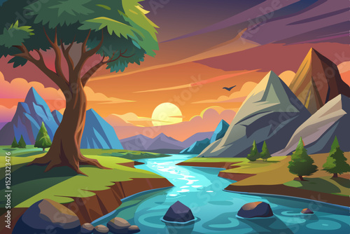 Colorful Mountain Landscape at Sunset vibrant illustration serene mountain valley sunset rushing river winds through lush greenery with towering mountains the background large tree stands