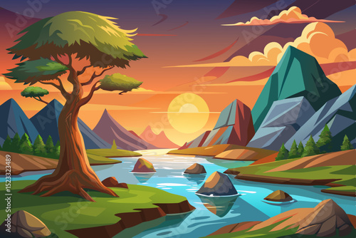 Colorful Mountain Landscape at Sunset vibrant illustration serene mountain landscape sunset river flows through the valley surrounded lush greenery and towering peaks large tree stands