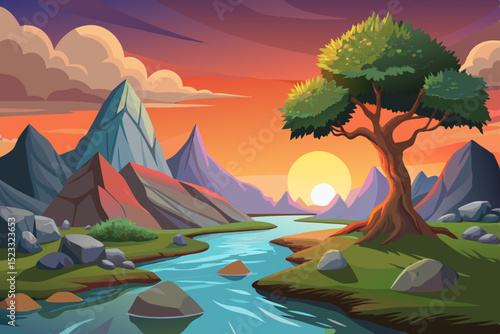 Colorful Mountain River Sunset Landscape vibrant illustration serene mountain landscape sunset flowing river winds through grassy valley surrounded colorful mountains and large tree The sky