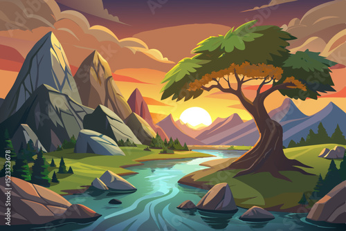 Mountain River Sunset Landscape Illustration vibrant illustration serene mountain landscape sunset flowing river winds through grassy valley surrounded towering peaks and large leafy tree The