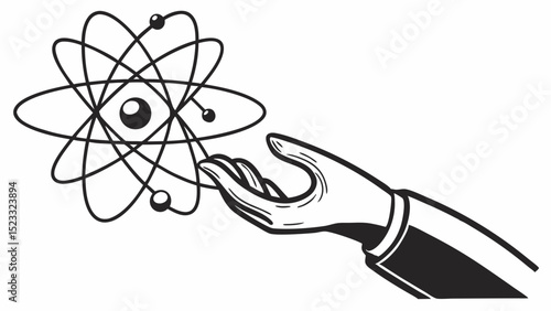 Hand holding an atom model with orbiting electrons illustration