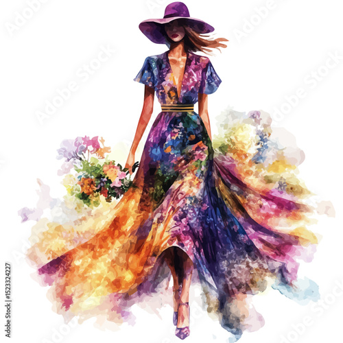 watercolor of Spring Fashion Floral Runway, vector high quality, isolated on a white background.