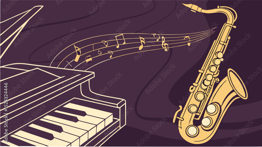 Naklejka premium Musical Instruments Piano Saxophone and Flowing Musical Notes