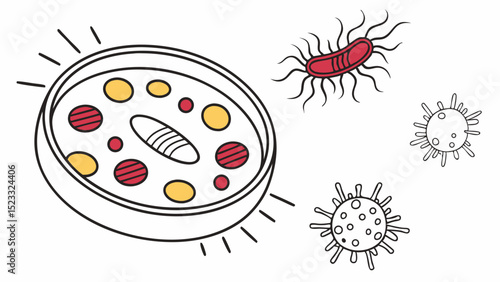 Microbiology Illustration of Bacteria and Cells in Petri Dish