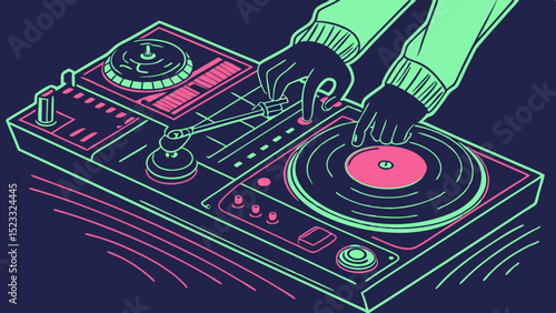Neon Illustration of Hands Mixing Music on a Turntable