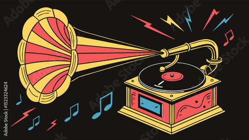 Retro Gramophone Illustration with Music Notes and Lightning Bolts