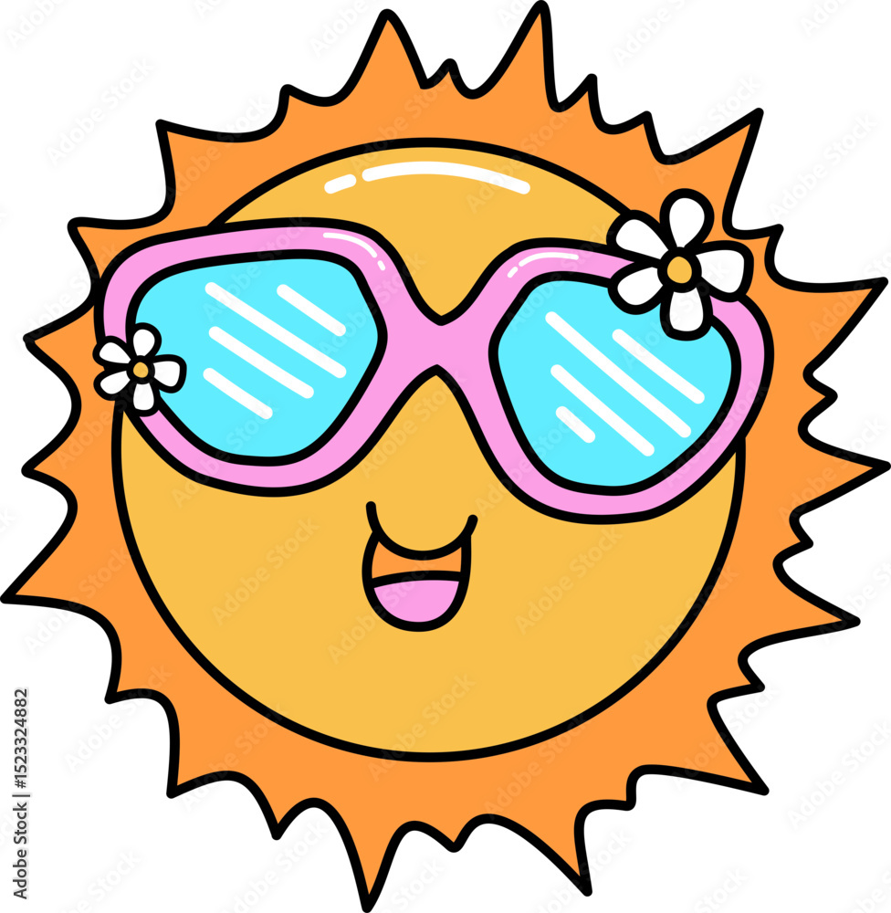 Retro Groovy Cartoon Sun Wearing Sunglasses with Flowers Retro Groovy Cartoon Sun Wearing Sunglasses with Flowers