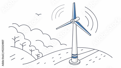 Simple Illustration of a Wind Turbine on a Hillside