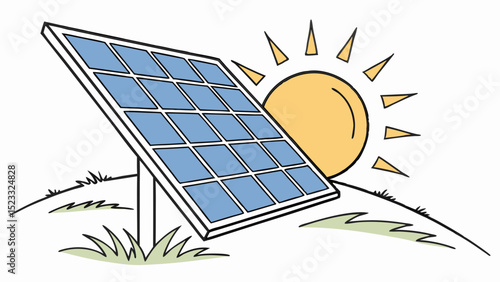 Solar Panel on a Grassy Hillside with Sun
