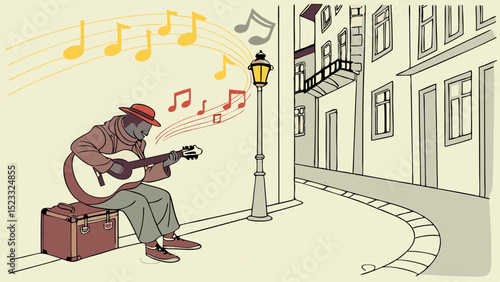 Street Musician Playing Guitar with Musical Notes in City Setting