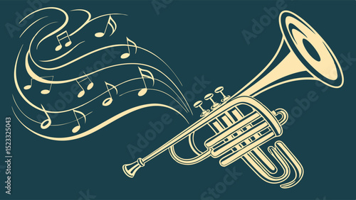 Trumpet with Musical Notes Design Vintage Style Illustration
