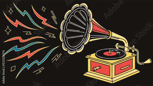 Vintage Gramophone with Horn Speaker and Sound Wave Graphics