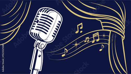 Vintage Microphone with Music Notes on Stage Curtains