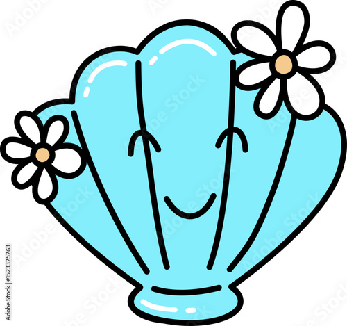 Retro Groovy Cartoon Seashell with Flowers Illustration