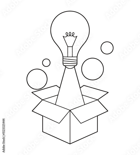 Startup Concept Illustration with Rocket Propelled Lightbulb Emerging from Box in Minimal Line Art Vector