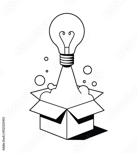 Startup Concept Illustration with Rocket Propelled Lightbulb Emerging from Box in Minimal Line Art Vector