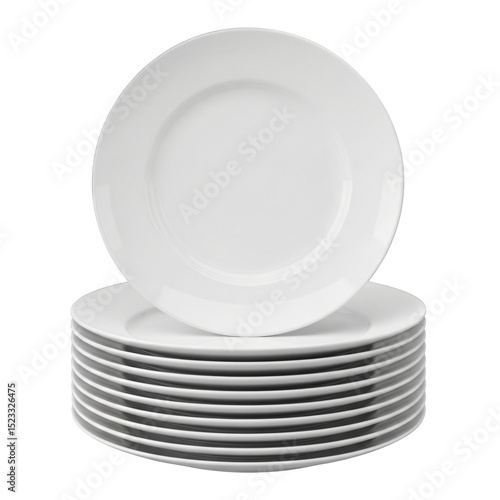 Stack of white plates with one plate displayed on top isolated on transparent background  