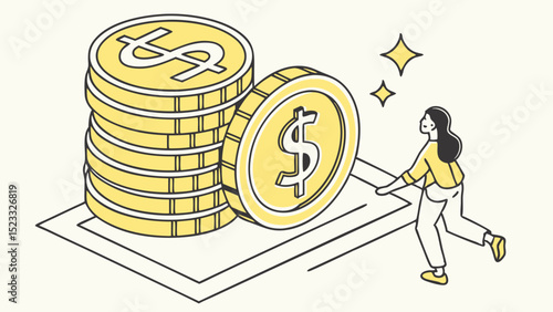 Cartoon Woman Reaching for Stacked Dollar Coins on a Platform