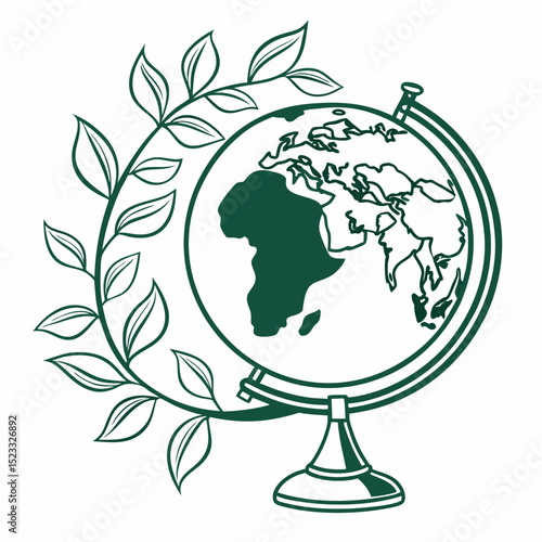 Globe with Leafy Branch Outline Illustration in Green