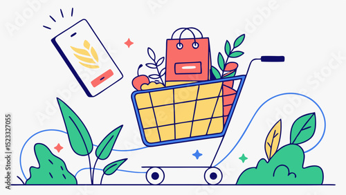 Illustrated shopping cart with bag fruit plants and floating phone