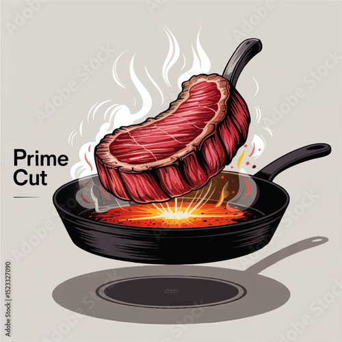 Juicy Prime Steak Cartoon Illustration Sizzling in Hot Frying Pan with Steam and Flames on Gray Background – Cooking Concept Art