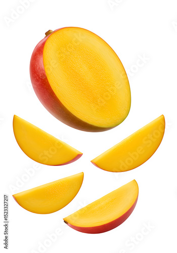 flying mango fruit and half slices isolated on white or transparent background. PNG, clipping path
