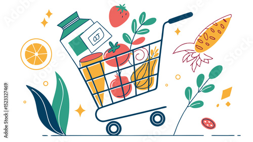 Shopping cart filled with fresh produce and juice box illustration
