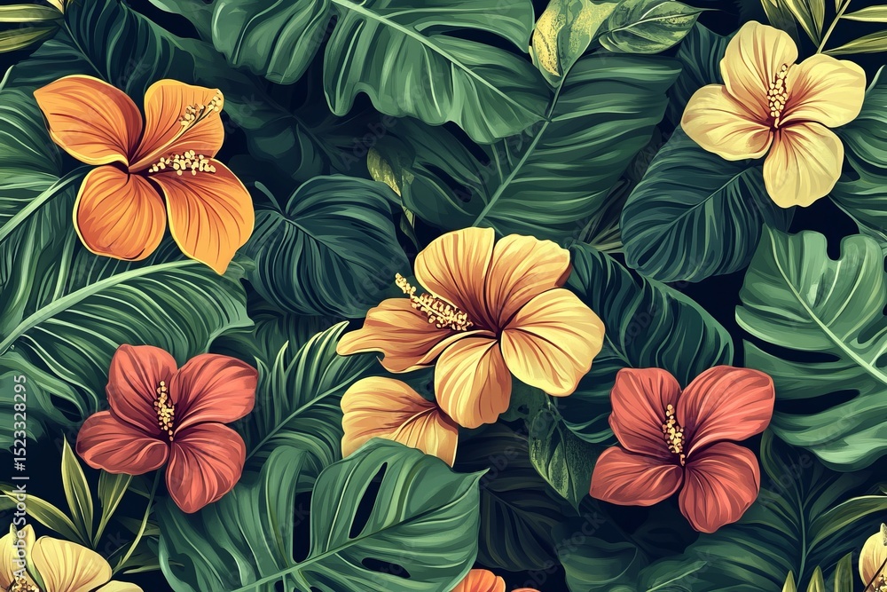 Fototapeta premium Hibiscus and Leaves: Tropical Floral Background