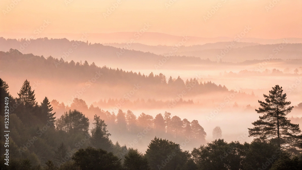 Obraz premium Stunning aerial view of fog filled forest layers during golden hour scenic nature photography