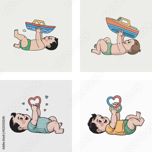 Adorable babies playing with toys illustrations showing joyful infants with boats and heart shaped rattle objects