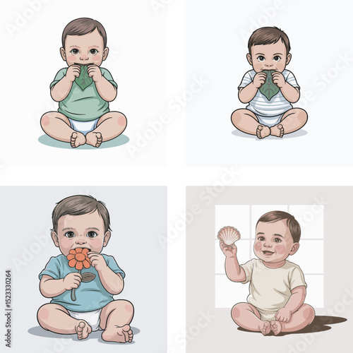 Adorable baby illustration series featuring babies interacting with nature and everyday objects in a cute and playful manner