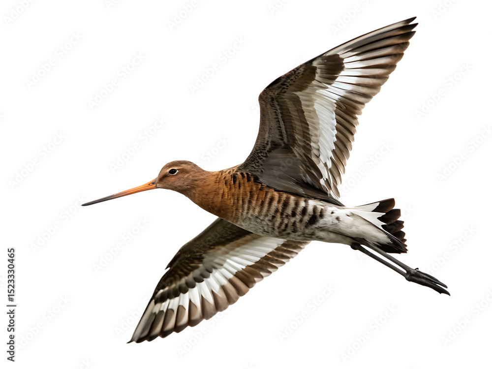 Obraz premium Black-tailed godwit in flight isolated on a white background png ai