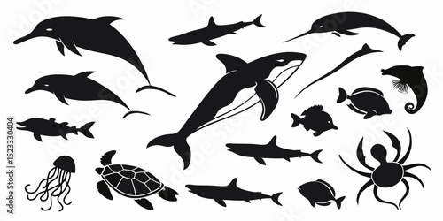 Set of black bird silhouettes flying over the sea with dolphins sharks and fish wildlife vector illustration