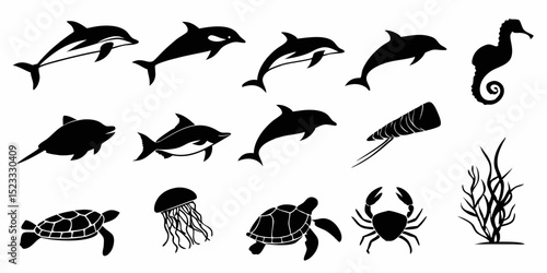 Set of black bird silhouettes flying over sea with wildlife animals like fish dolphin and shark