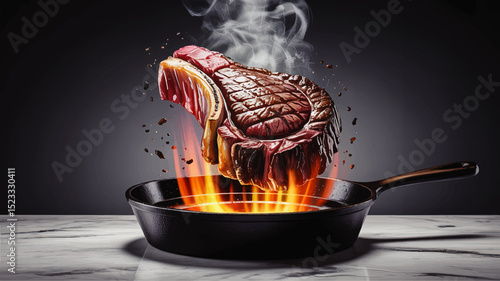 Juicy Ribeye Steak Searing in Cast Iron Skillet with Flames and Smoke – Gourmet Cooking, Grilling, Barbecue, Food Art Concept